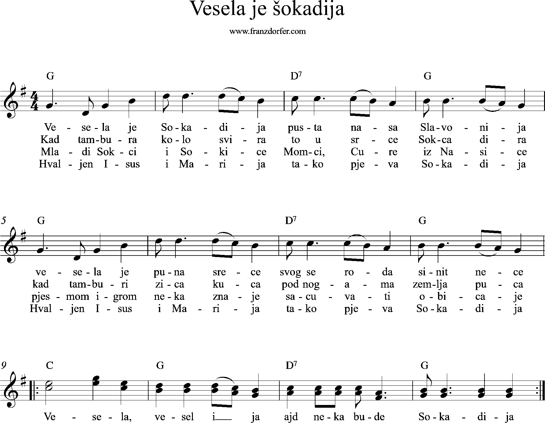 Vesela je šokadija, G-Major, sheetmusic